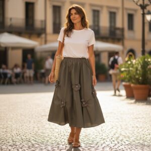 F 145 FUSTA MIDI KAKI DIN BUMBAC CU FLORI 3D SI VOLUM SPECTACULOS