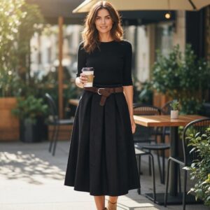 F 152 FUSTA Midi NEAGRA cu Aspect de Piele Întoarsă și Curea Inclusă