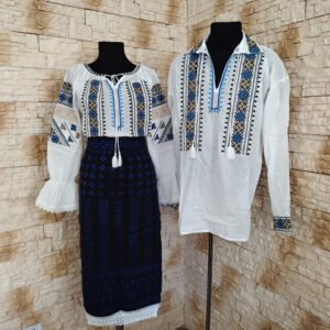 Set Cuplu Albastru și Auriu – Ie Damă, Cămașă Bărbat, Fotă și Brâu Asortat SET 100