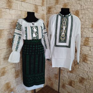 Set Cuplu Verde și Auriu – Ie Damă, Cămașă Bărbat, Fotă și Brâu Asortat SET 099